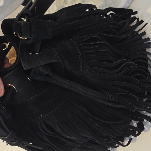 Sezane Black Suede Fringe Bucket Bag, GUC, IYKYK, French Chic, Quiet Lux - Picture 3 of 13